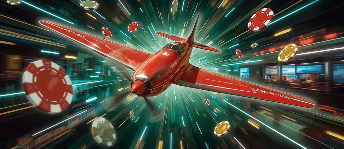 Comment fonctionne Aviator Avion rouge d’Aviator volant à travers des jetons et lumières de casino futuristes