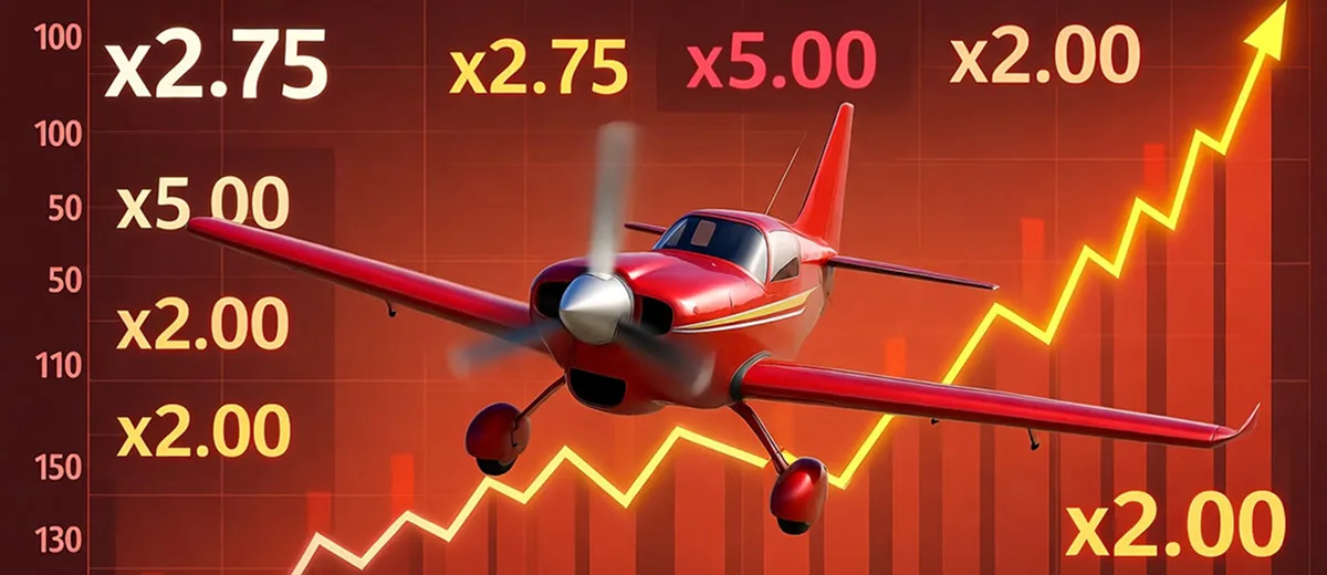 Avion rouge du jeu Aviator volant devant un graphique de gains et multiplicateurs croissants