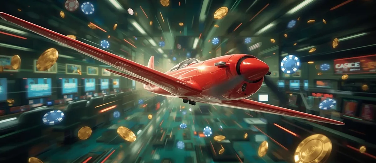 Stratégies des joueurs impliquant de la compétence Avion rouge du jeu Aviator volant parmi des jetons dorés et des lumières de casino